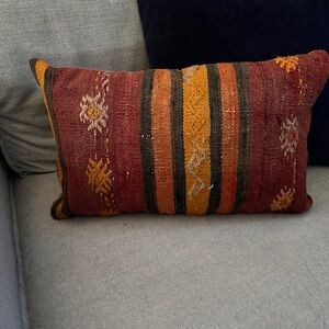 Authentic Wool Kilim Lumbar Accent Pillow - Orange, yellow, brown & brick red